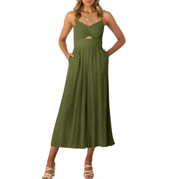 Txlixc, mono de tirantes finos de verano para mujer, mono de Color sólido con cuello en V y cintura alta, peleles de pierna ancha con bolsillos Txlixc Estilo de ocio