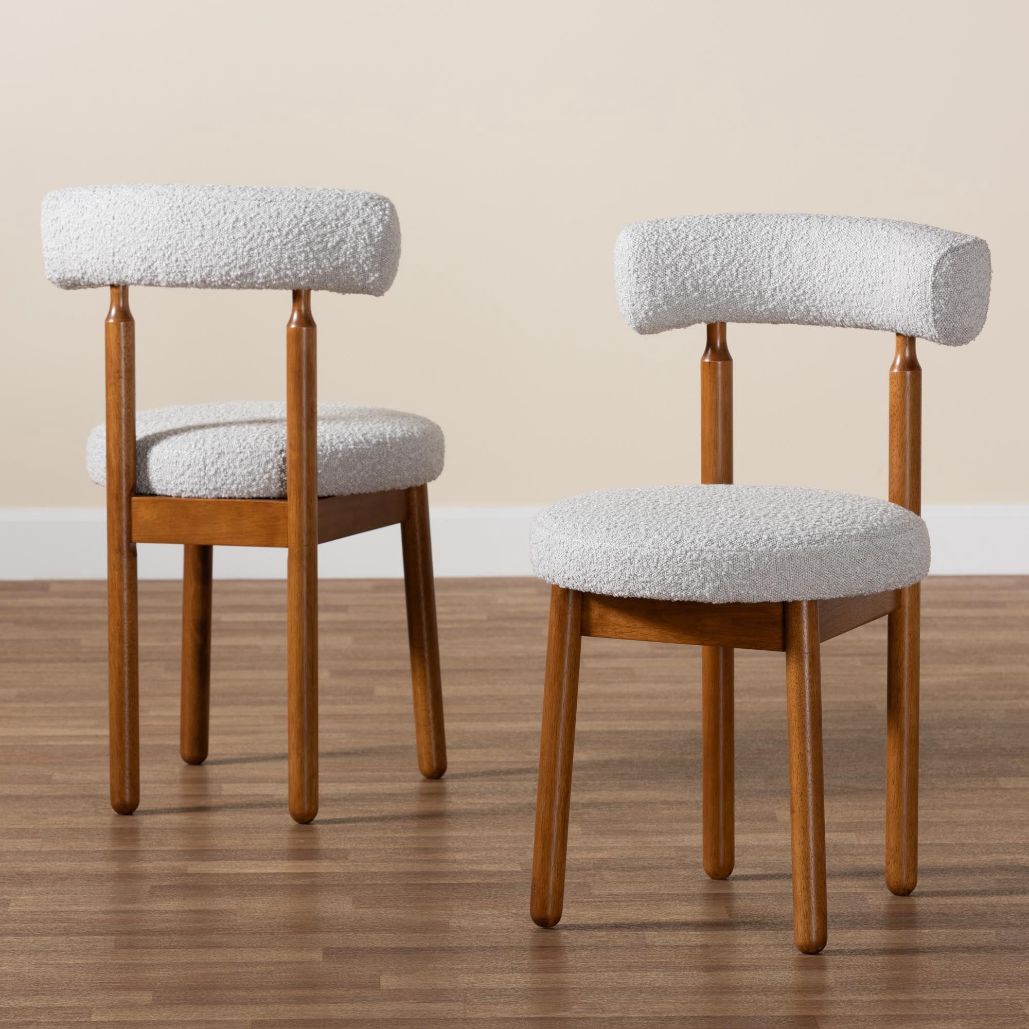 Baxton Studio Edric Modern Japandi Light Grey Boucle Fabric and Walnut Brown Finished Wood 2-Piece Dining Chair Set