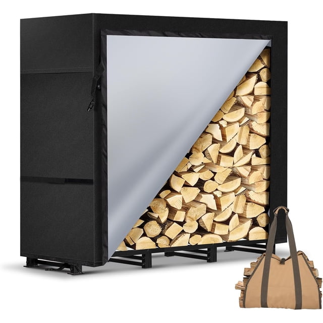 Étagère à Bois d'Extérieur avec Housse Élargie, Support à Bois Robuste Inclus, Sangle de Support, Étagère en Bois Enduit de Poudre pour Rangement de Bois de Chauffage