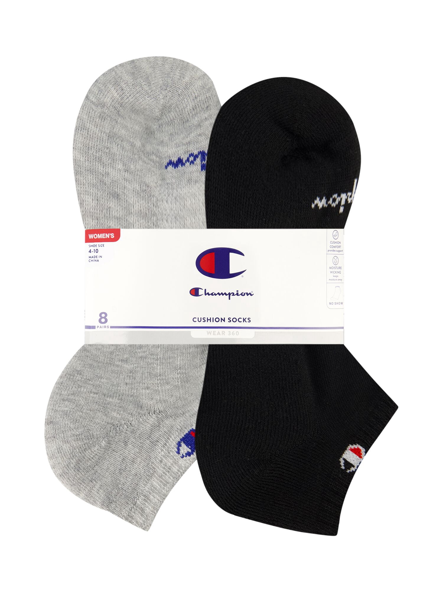 Champion Women’s Wear 360 No Show Cushioned Socks, 8 Pack, Sizes 4-10