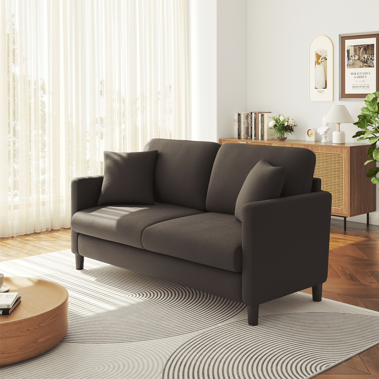 Neche 65" Sofa Couch for Living Room Office Small Space, Comfy Loveseat in a Box, Brown