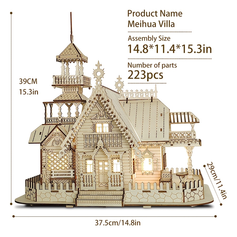 3D Puzzle House Hollow Villa Puzzle Model Kit, Villa DIY Model with LED Night Light, DIY Building Set for Adults, Home Decor, Miniature Diorama Kit, Valentine's Day Gift, Home Decoration