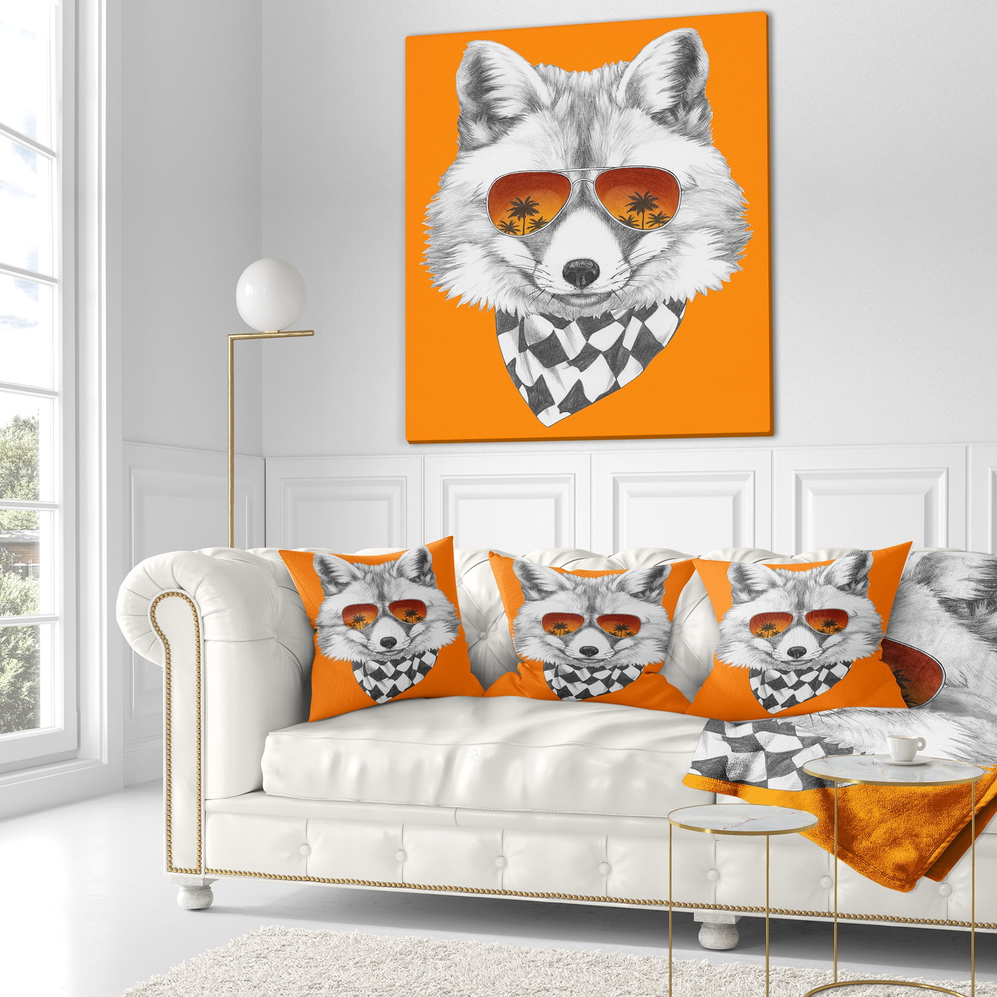 Designart Fox with Mirror and Sunglasses - Contemporary Animal Throw Pillow - 16x16