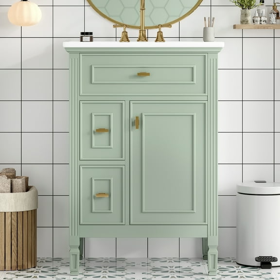 24-Inch Bathroom Vanity with Sink, Small Vanity for Bathroom with Storage, Solid Wood Vanity with Ceramic Sink, 3 Drawers and Adjustable Shelf, Freestanding Green Vanity for Small Space