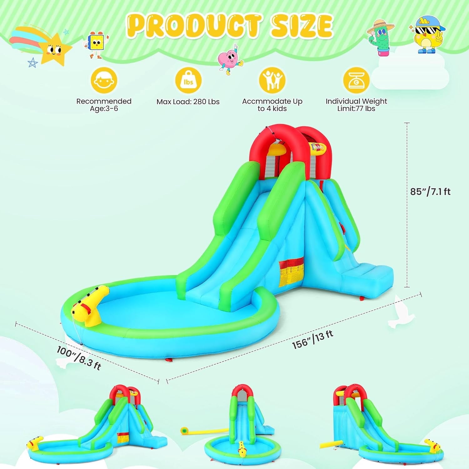 Inflatable Bounce House for Kids 3-10, Inflatable Water Slide with 322W Blower, Bouncy Castle with Large Pool/Ball Pit, Climbing Wall, Outdoor/Indoor, Party, Birthday