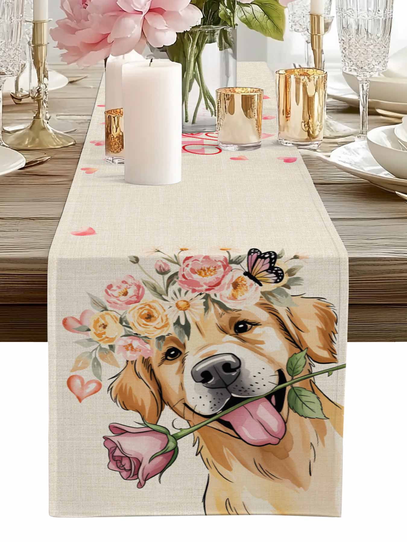 Valentine's Day Dog Table Runner, Rose Golden Retriever Red Love Heart Linen Texture Washable Cotton-linen Table Runners Dining Kitchen Decoration for Everyday Home Wedding Party Decor, 13 x 90 Inch