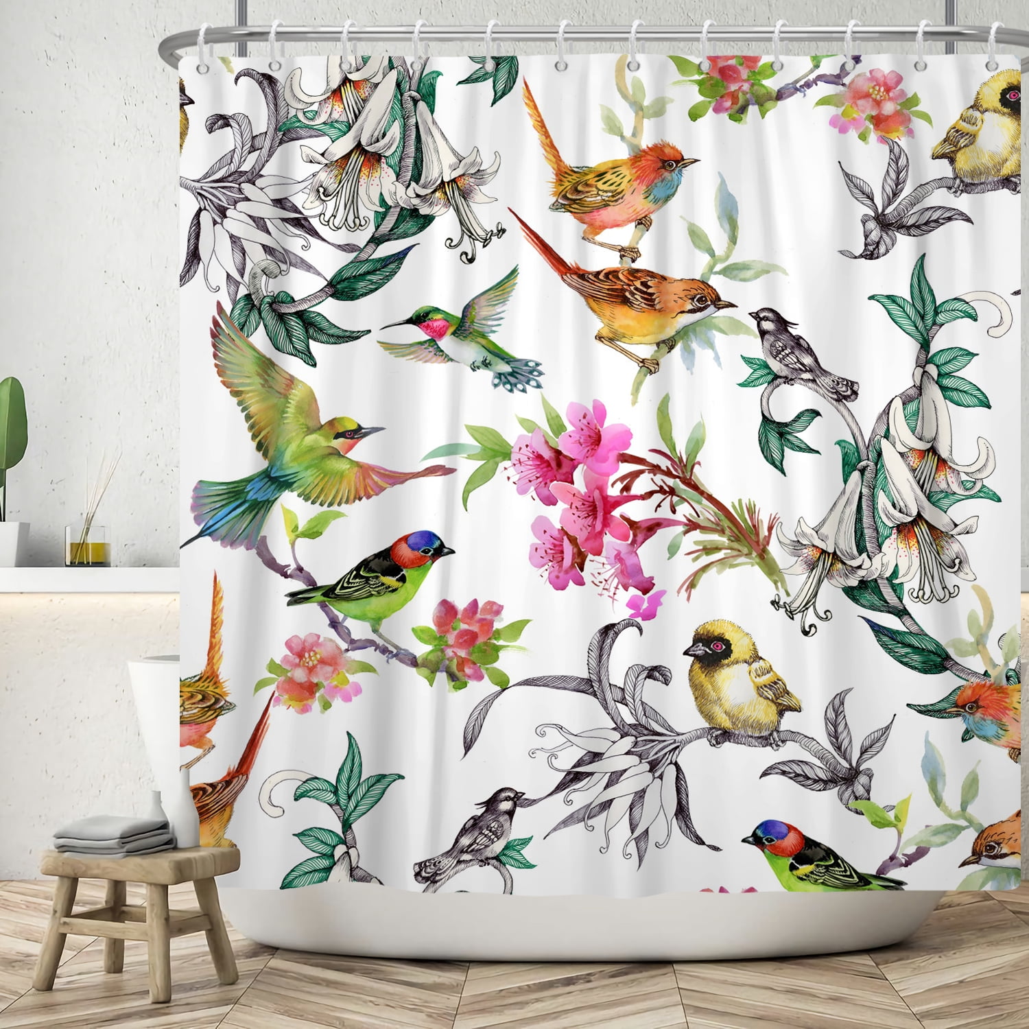 Mizhona Plant Bird Shower Curtain Watercolor Colorful for Bathroom Waterproof Polyester Funny Pretty Decor with Hooks 72"x78"