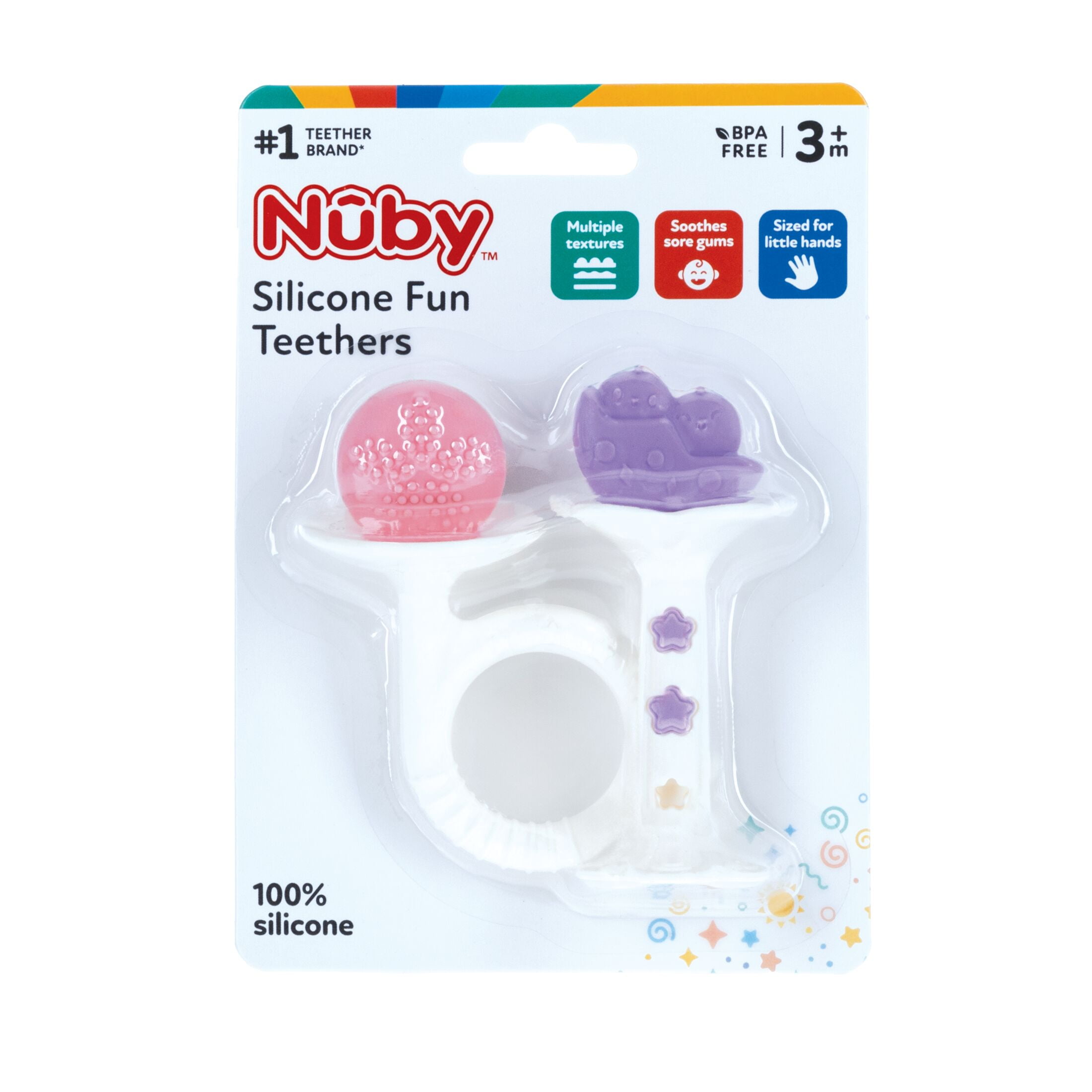 Nuby 2pk Silicone Fun Teether, Chick & Tuba Teether, Pink & Purple
