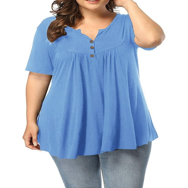CHOK Chemise Henley Grande Taille pour Femmes Été Décontractée Manches Courtes Col en V Boutonnée Tunique Plissée
