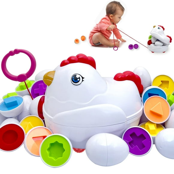 Huevos de Pascua a juego para niños pequeños con caja de pollo de empujar y tirar, 12 piezas Montessori clasificador de juguete educativo de aprendizaje, múltiples formas y colores, juguete sensorial