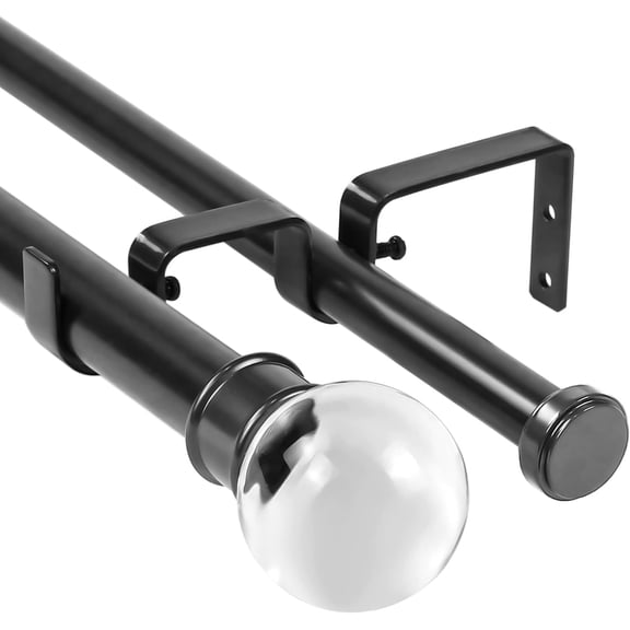 Urbanest Adjustable Double Curtain Rod Set Crystal Ball Flat Button Finials – 1″ Front & 3/4 Back Rod With Black Rod, 28–48 Inches