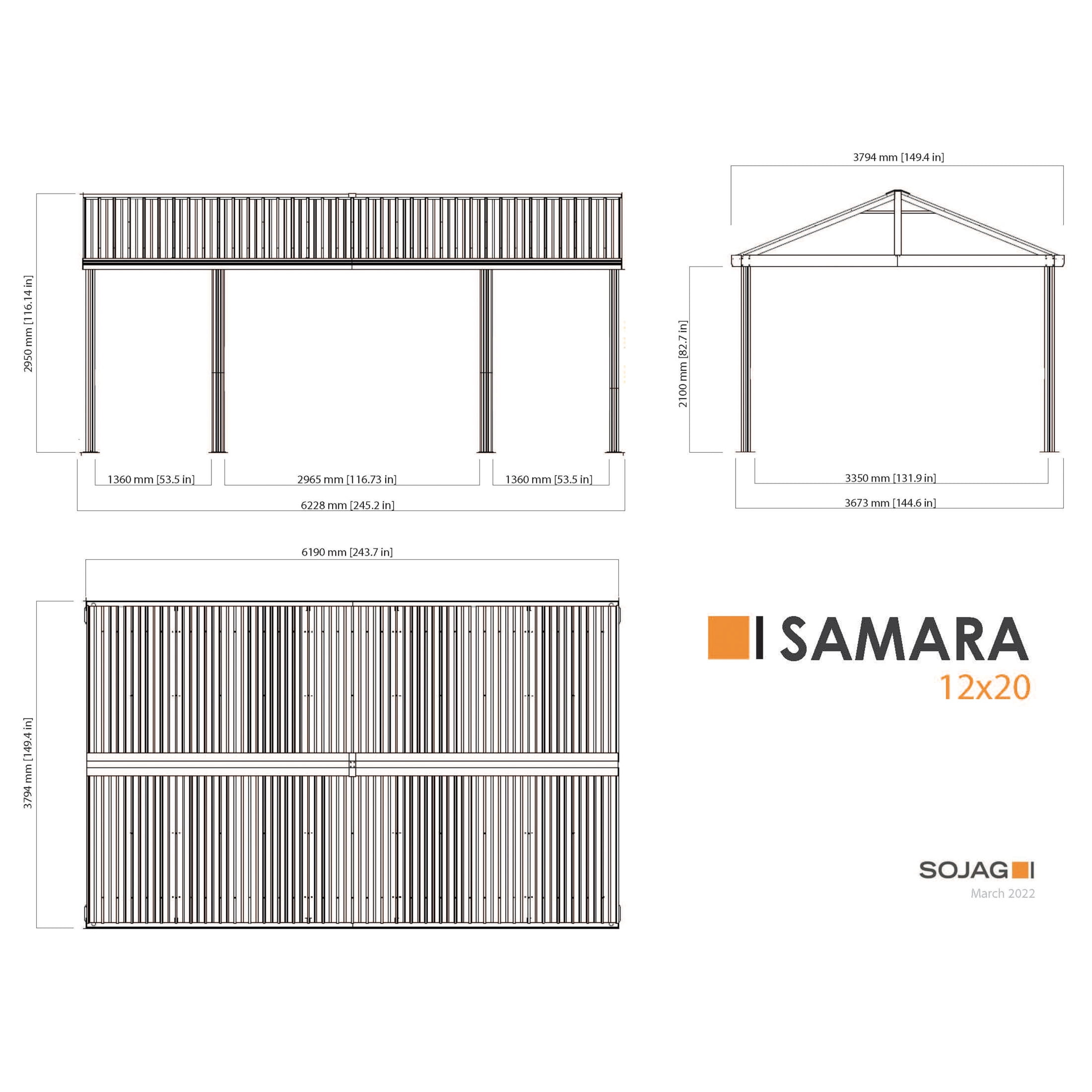 Sojag Samara 12 x 20 x 10 ft Black Carport