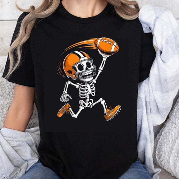 100% Cotton Halloween Football Skeleton T-Shirt for Women Men Funny Sport Design Orange Helmet Football Player Graphic Tee Shirt