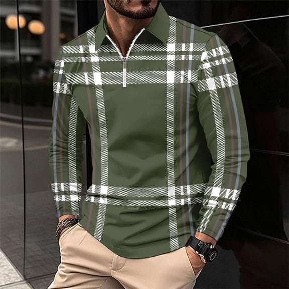 Blczomt Long Sleeve Mens Polos Big and Tall Polo Green Plaid Dress Shirt Half Zip Color Block Big and Tall Mens Clothes