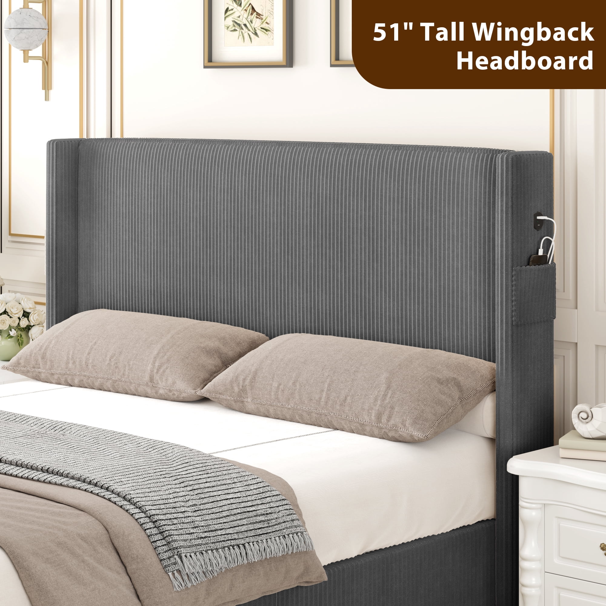 Gewnee 51"High Headboard Platform Queen Bed Frames,Corduroy Upholstered Bed Frame with USB Ports、Wingback and High Footboard.(Dark Grey)