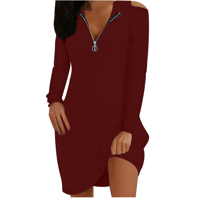 Lovzfmll Mode Chandail en Molleton Décontracté Surdimensionné pour Femmes Manches Longues Col Rond Robe Unie Vin, 2TG