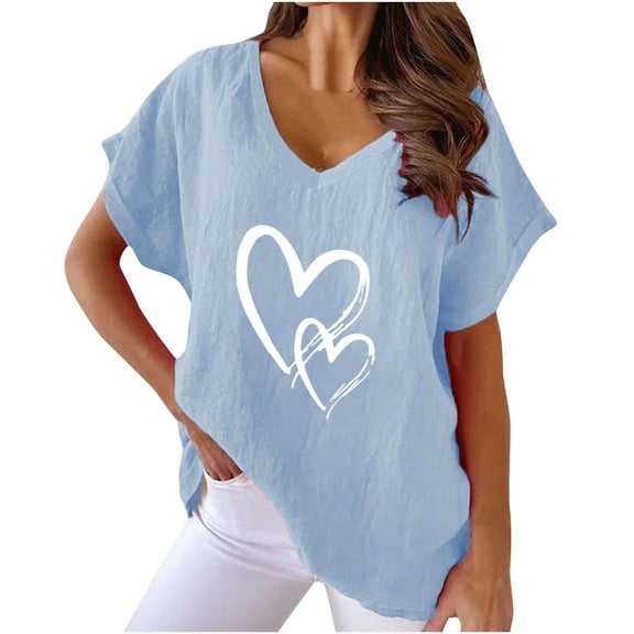 Wenini Womens Blouses and Tops Dressy Soft Cotton Linen Plus Size Ladies Going out Tshirts Summer Heart Print Short Sleeve V-Neck Casual Shirts Blue l