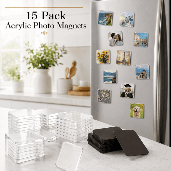 MORAVE 15 Pack 2 Inch Square Acrylic DIY Fridge Magnet Craft Set, Adhesive Ferrite Magnets for Kitchen Cabinet Classroom Office