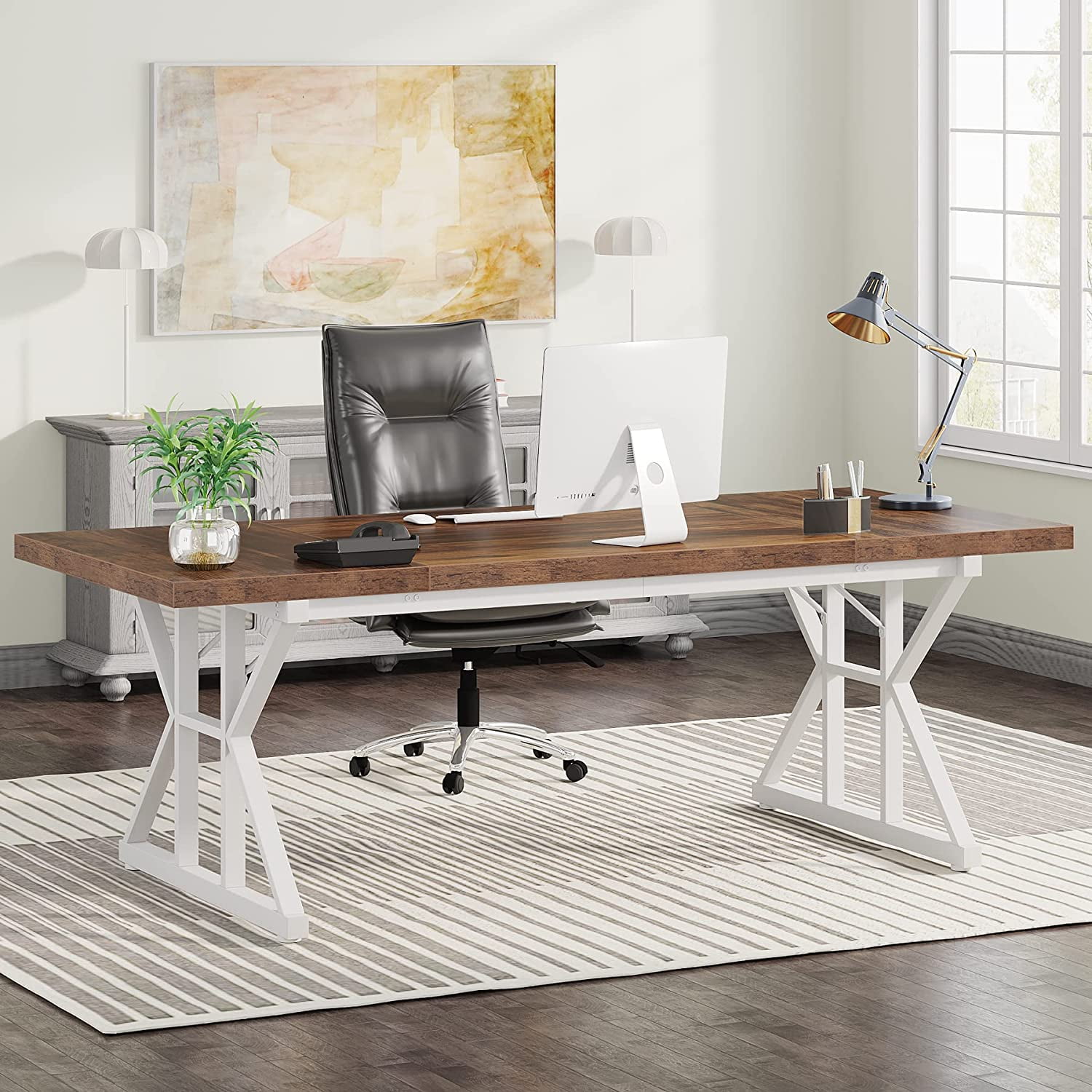 Tribesigns 71" Executive Desk, Large Computer Desk Study Writing Table for Home Office (Brown/White)