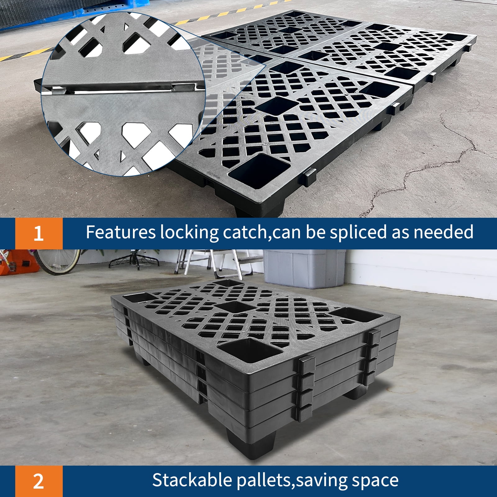 Heavy Duty Interlinked Plastic Pallet, Stackable Storage Pad, Ventilated Grid, Waterproof & Dampness Resistant, Slip Resistant, Warehouse & Garage Use, Black, 6 Pack
