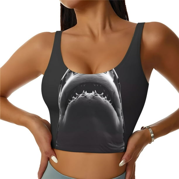 Fotbe Black And White Shark Sujetador Deportivo Largo sin Aros para Mujer con Almohadillas y Soporte Medio, Transpirable y Absorbente, Camiseta Tipo Chaleco o Tank Top-Large