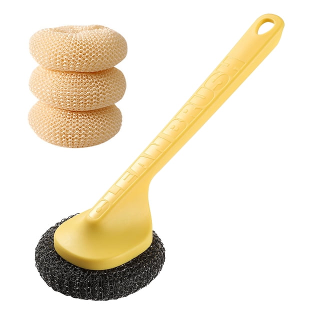 Cepillo para ollas con cabezal de bola de acero, agarre antideslizante, orificio para colgar, mango largo, fregador de platos, herramienta de limpieza de cocina