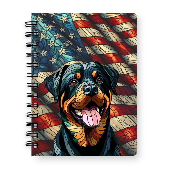 Patriotic Rottweiler Stained Glass Portrait American Flag Spiral Bound Journal Rottie Dog Lover Gifts Idea 5x7in Spiral Notebook - 01010