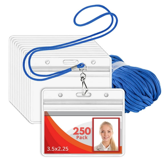 Mifflin-USA Lanyard (Blue, 3.5x2.25 inch, 250 Pack) with Clear Plastic Horizontal ID Badge Holder, Heavy Duty Name Pouch with Soft, Woven, Neck Lanyards