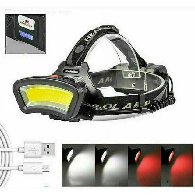 Linterna frontal LED recargable, potente linterna de lúmenes con 4 modos, con zoom e impermeable, incluye cable USB y baterías para acampar, pescar y cazar.