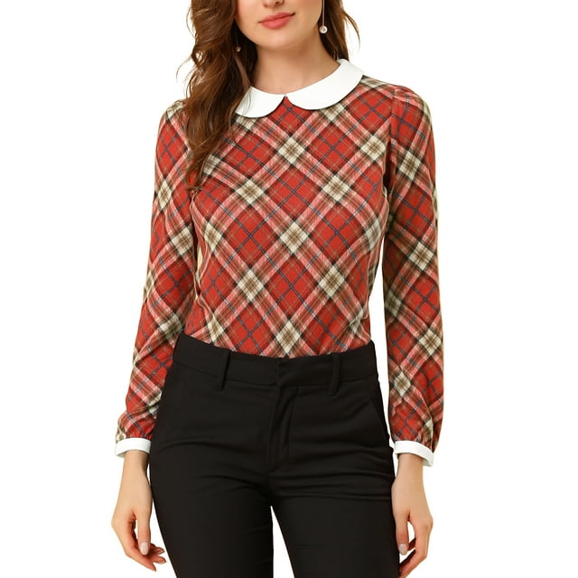 Unique Bargains Chemise à Carreaux Manches Longues Contrastées Col Peter Pan pour Femmes
