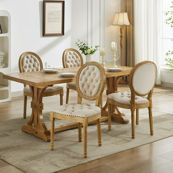 DONICK French Upholstered Dining Chairs,Farmhouse Round Back Tufted Solid Wood For Kitchen,Restaurant(Velvet,Beige,Set of 4)