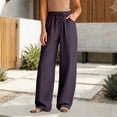 thumbnail image 2 of Likimi Linen Pants For Women Wide Leg Elastic Waist Summer Loose Fit Solid Color Fashionable Trousers Purple Size M, 2 of 5