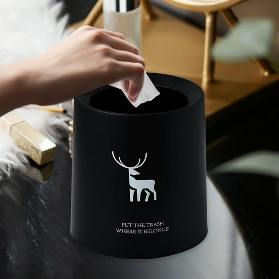AuroraX Round Desk Mini Trash Can Affordable Luxury Cute 1 Gallon Black Scandinavian Deer Pattern Wastebasket Minimalist Plastic Stylish Trash Bin for Dormitory Living Office