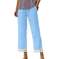 thumbnail image 2 of Cagogo Women Cotton Linen Straight Elastic Waist Pants with Pockets Solid Casual Ankle Trousers Lounge Work Beach Clothes, Blue L, 2 of 5