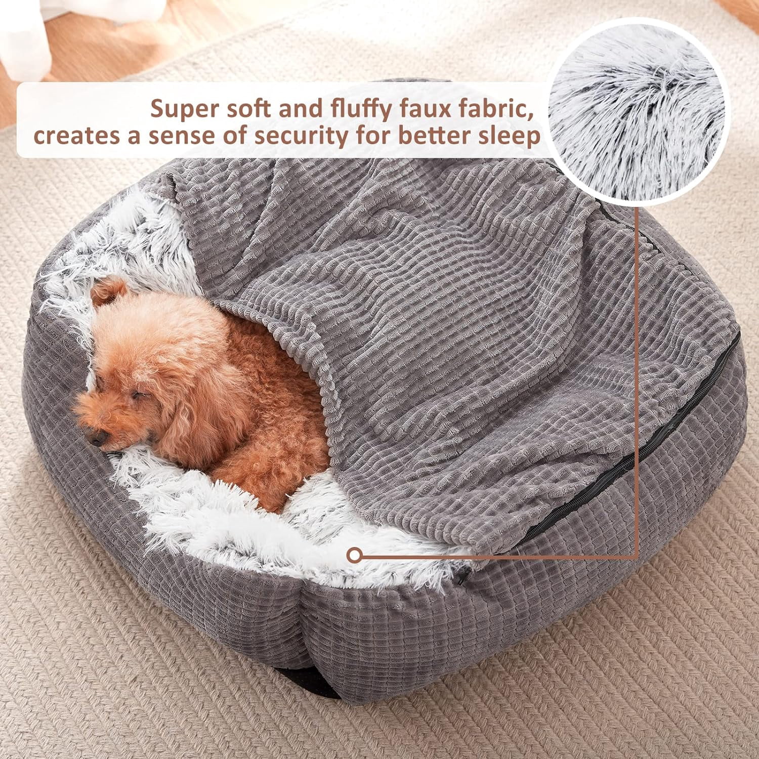 Luxury Orthopedic Dog Bed With Blanket Hood Grey 25 Inches Soft Faux Fabric