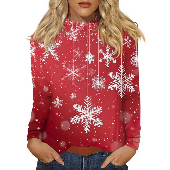 Women's Casual Daily Wear Mid Neck Long Sleeve Christmas Printed Top, Holiday Graphic Blouse, Comfortable Fall Winter T-Shirt,Vermilion,XL