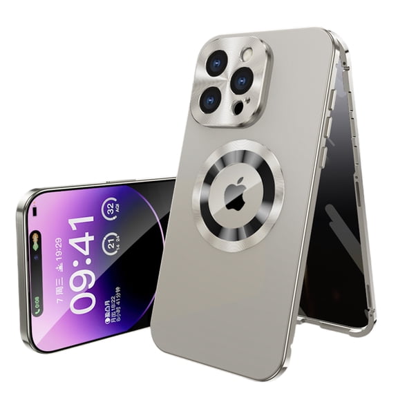TECH CIRCLE for iPhone 15 Plus Hard PC Case Magnetic Metal Edge Full Body Drop Protection,Compatible with MagSafe,Rugged Built-in Privacy Screen Protector Logo View Shockproof Cover,Lightgold