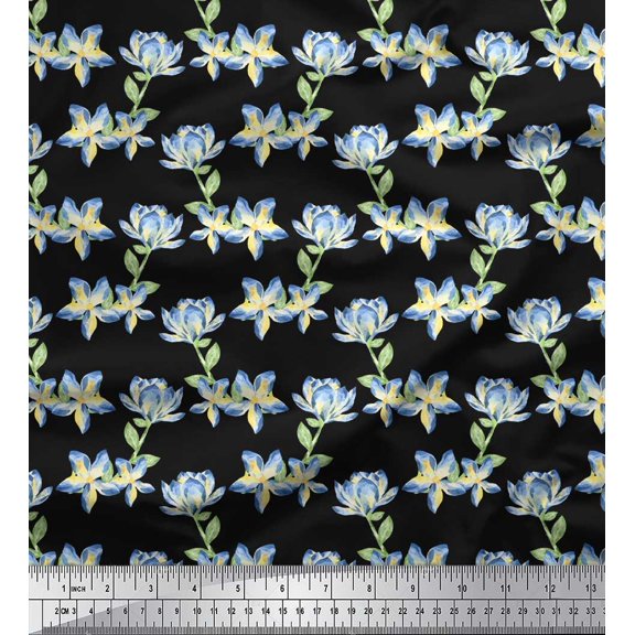 Soimoi Black Cotton Duck Fabric Leaves & Tropical Floral Watercolor Print Fabric by The Yard 44 Inch Wide