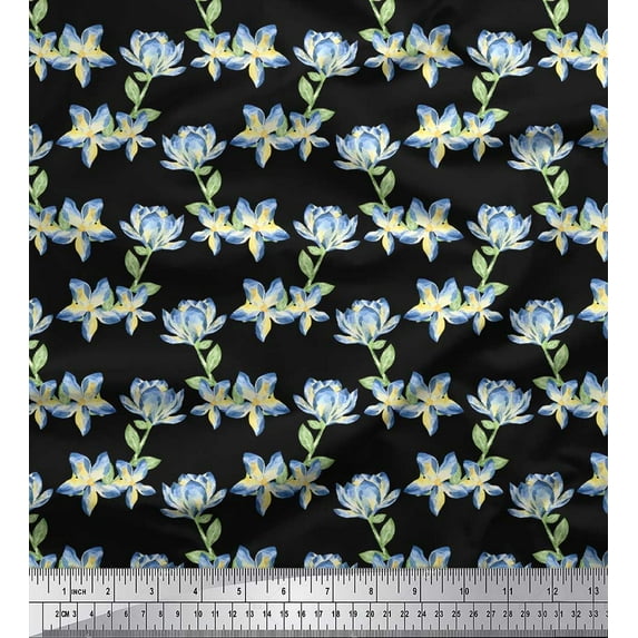 Soimoi Black Cotton Duck Fabric Leaves & Tropical Floral Watercolor Print Fabric by The Yard 44 Inch Wide