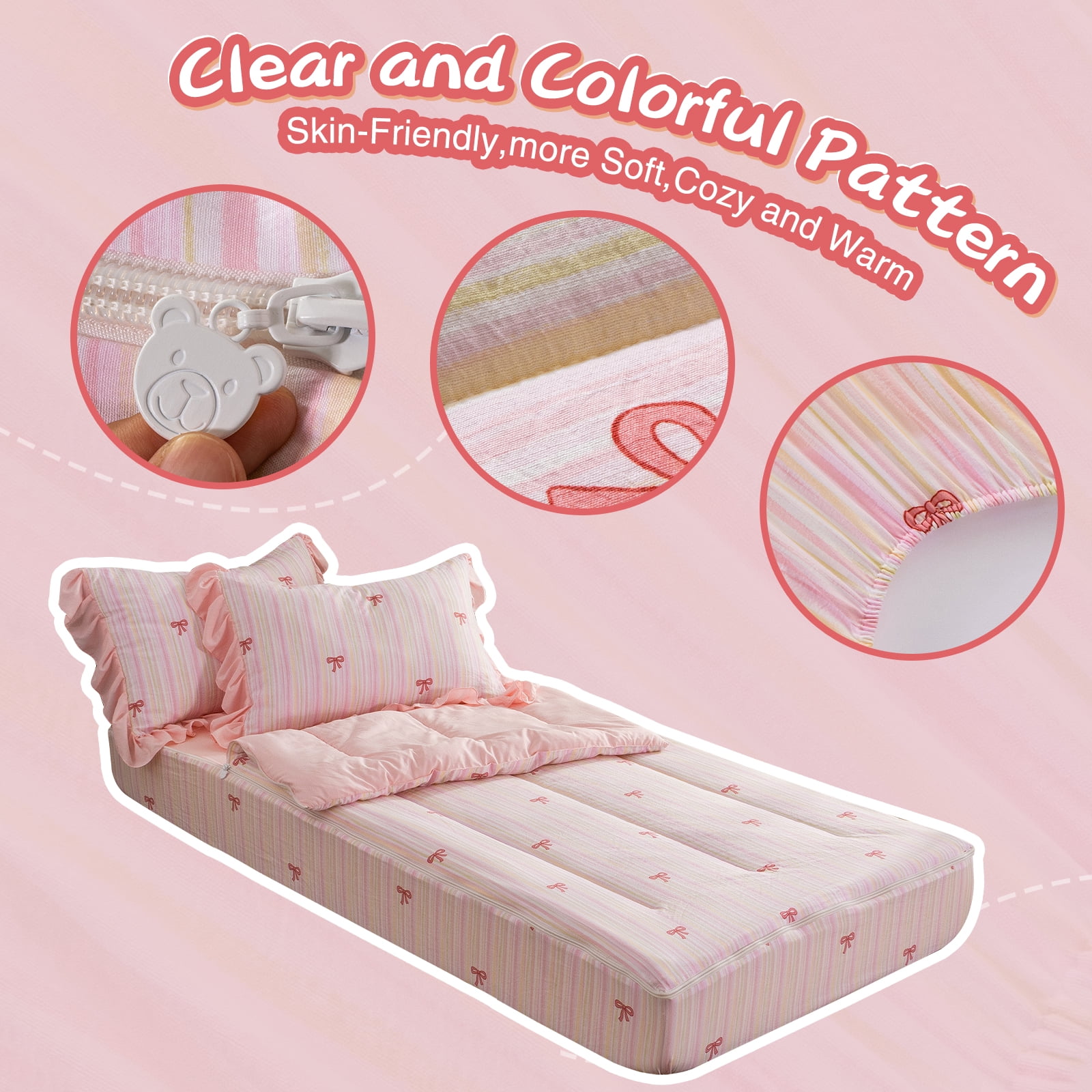 Btargot Bow Zip Bedding Pink Ribbon Bowknot Twin Comforter Set Princess Style Zipper Bedding Set