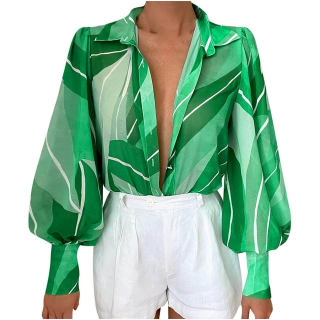 IROINID Dégagement Femmes Long Sleeve V-Cou Shirts Été Imprimer Bouton Rabattable Col Tops Blouse Pull-Over, Menthe Green