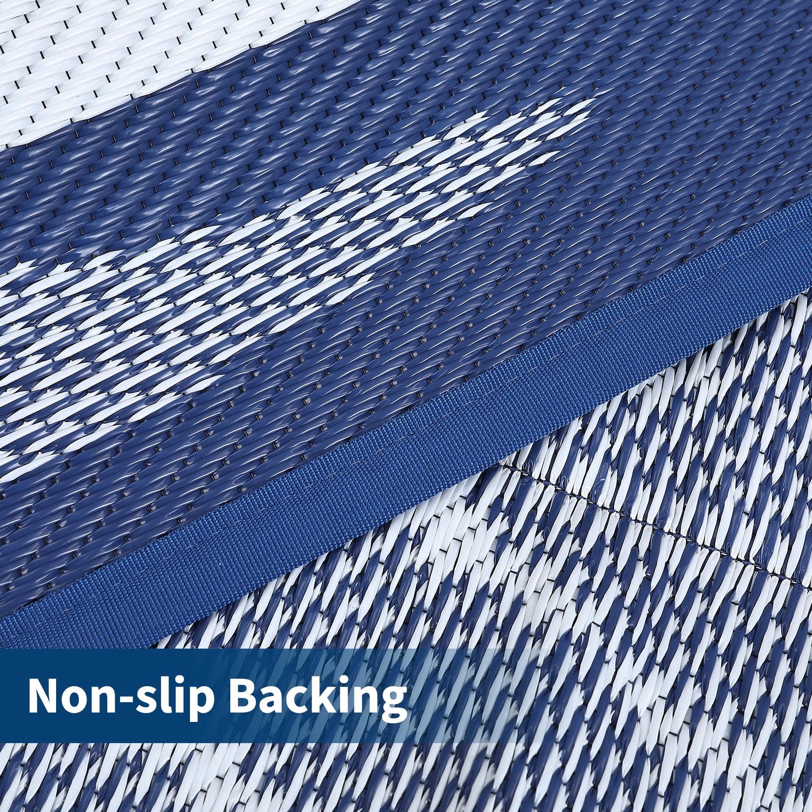 Outdoor Waterproof Reversible Rug – Modern Plastic Patio Carpet, UV & Mark Resistant, Easy Clean, Non-Slip – Ideal for Garden, Backyard, Deck, Porch, Picnic – 8x10ft Navy/White