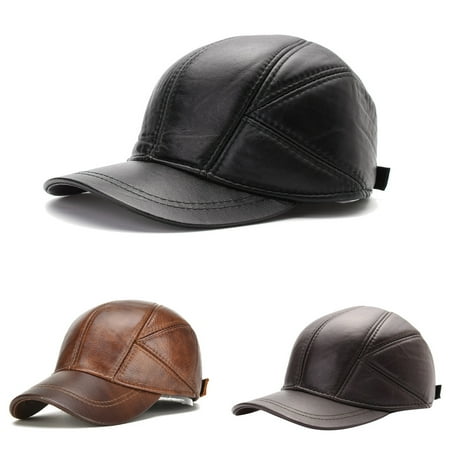 Leather Baseball Cap - Men's Artificial Leather Baseball Caps Winter Hats with Ear Flaps Cap Hat