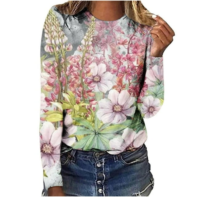 T-shirts à Manches Longues pour Femmes, Col Ras du Cou, Tuniques à Imprimé Floral, Hauts Doux Décontractés, Blouse Coupe Ample