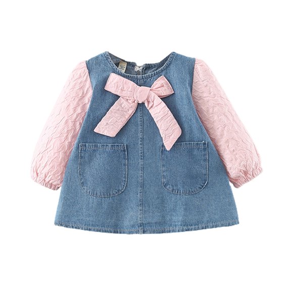Diufon Toddler Girls Jeans Dress Infant Baby Long Sleeve Patchwork Bow Knot Princess Dress Casual Party Dresses