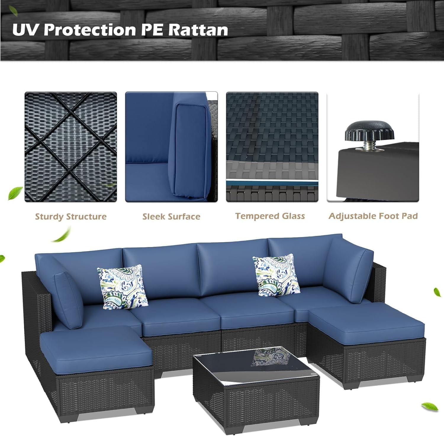Danrelax 7-Piece Outdoor Sectional Sofa Patio Conversation Set, Black PE Rattan Wicker Furniture, Steel Frame in Dark Blue