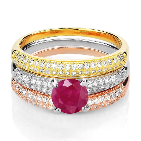 Gem Stone King 2.44 Ct Round Red Ruby 925 Sterling Silver Set of 3 Stacking Ring (Size 5)