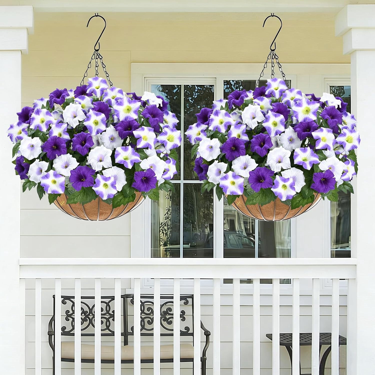 Artificial Flowers for Outdoors, 5 Bundles Realistic Fake Outdoor Flowers, UV Resistant Silk Petunia Flower for Outside Look Real Faux Flower Plants for Outdoor Porch Decor, Purple White