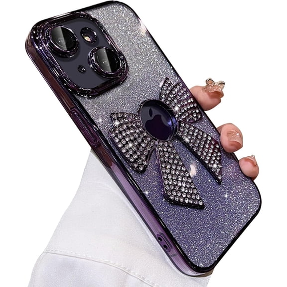 for iPhone 15 Plus Case Bowknot Glitter Rhinestone Bling Plating Luxury Women Girl Phone Case,Shine Diamond Case for iPhone 15 Plus Protective Cover,Clear Gradient Purple