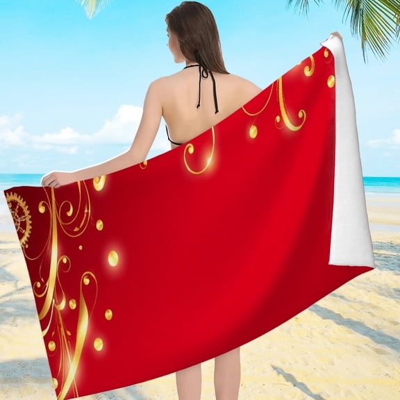 RKSupls Red Gold Gear Floral Ornate Pattern Microfiber Beach Towel, Extra Large Quick Dry Lightweight Towel for Travel Swimming Camping, Soft Super Absorbent- 55.1x27.6in